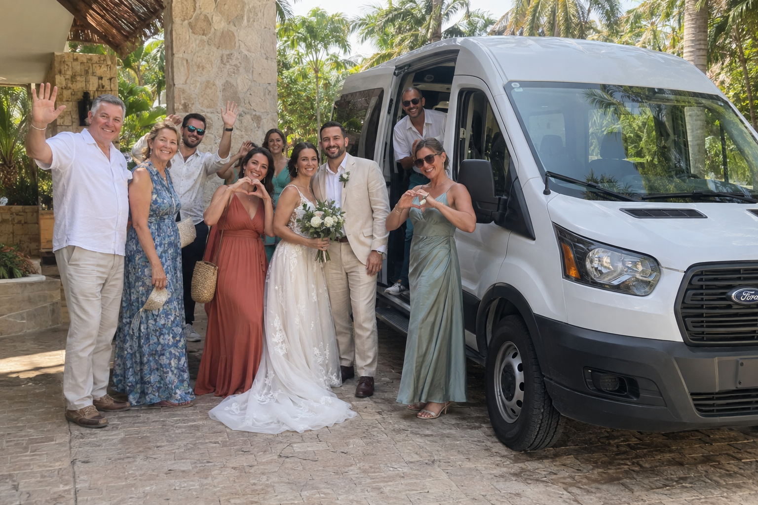 Illustrative wedding group welcoming the camera beside a passenger van